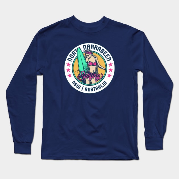 Retro Surfer Babe Badge North Narrabeen Beach New South Wales NSW Australia Long Sleeve T-Shirt by Now Boarding